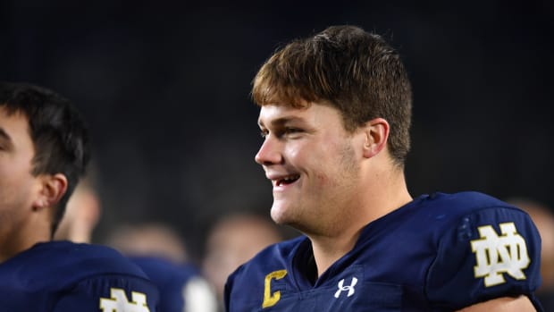 Oct 28, 2023; South Bend, Indiana, USA; Notre Dame Fighting Irish offensive lineman Joe Alt (76) leaves the field following the game against the Pittsburgh Panthers at Notre Dame Stadium.